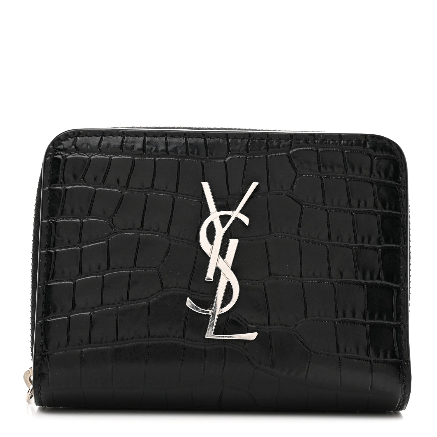 Calfskin Crocodile Embossed Monogram Compact Wallet Black