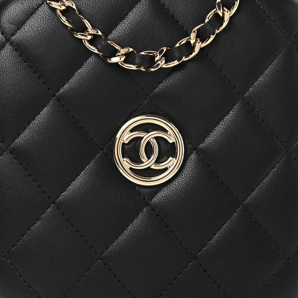 Lambskin Quilted Compact Vanity Case Purse With Chain Black