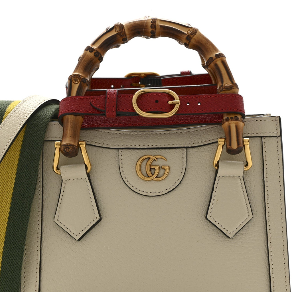 Textured Dollar Calfskin Web Mini Diana Tote Bag Mystic White