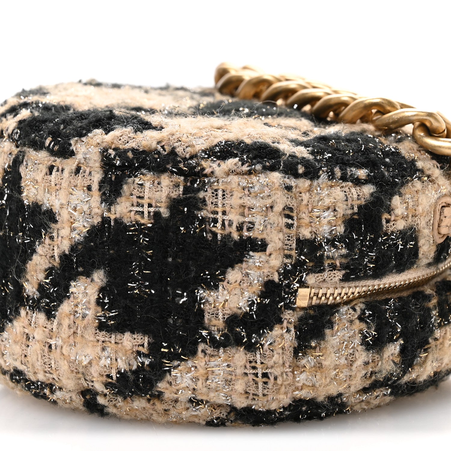 Wool Tweed Lambskin Quilted Chanel 19 Round Clutch With Chain and Coin Purse Beige Black