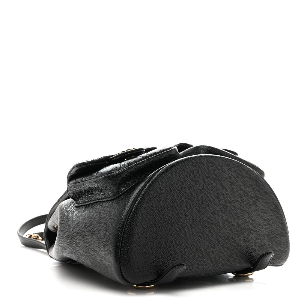 Shiny Caviar Quilted Medium Duma Pockets Drawstring Backpack Black