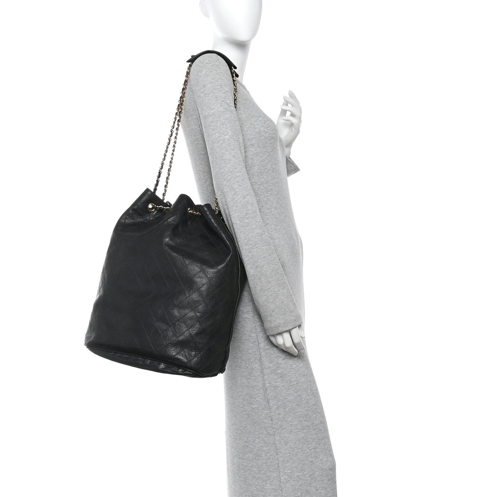 Grained Calfskin Quilted Drawstring Bucket Bag Black