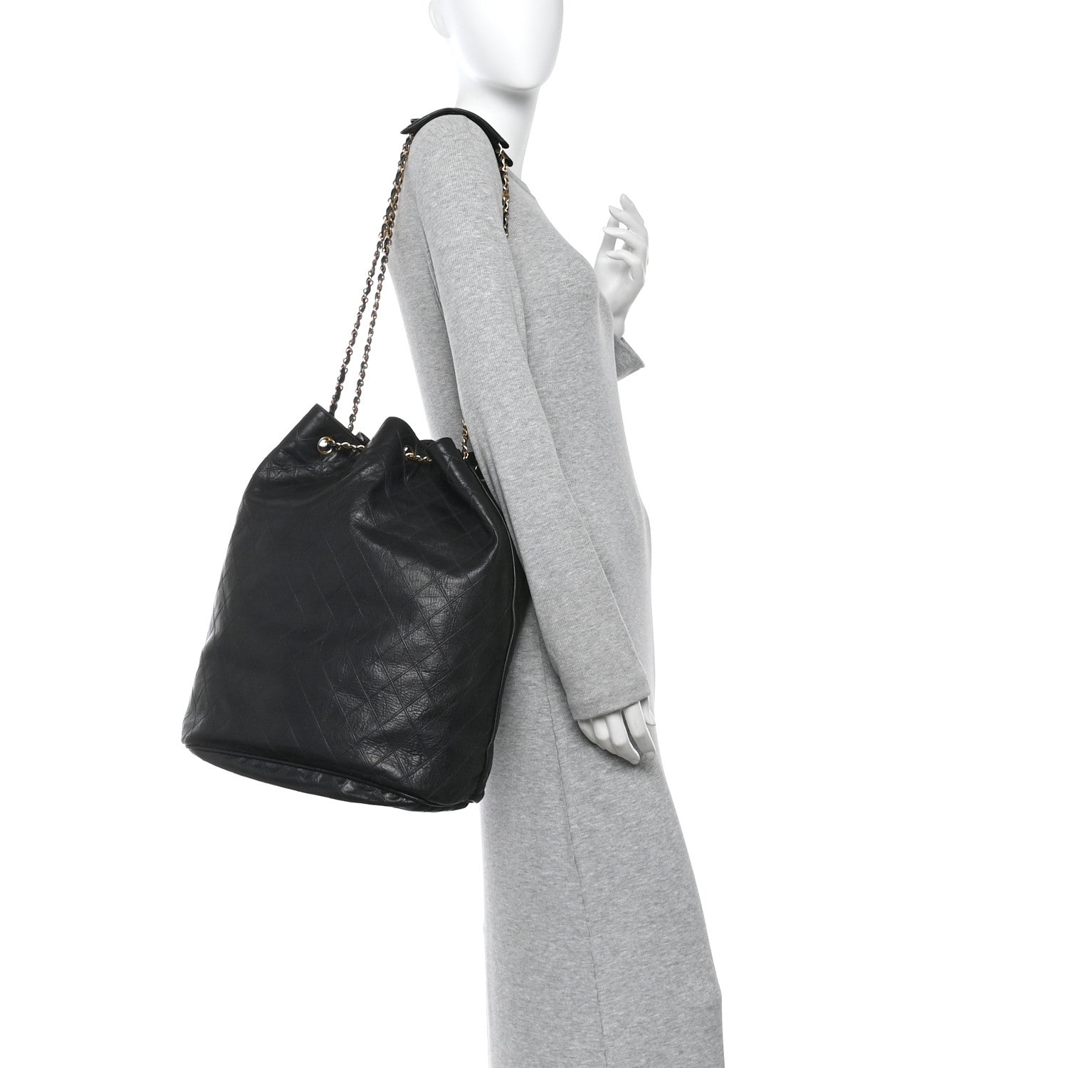 Grained Calfskin Quilted Drawstring Bucket Bag Black