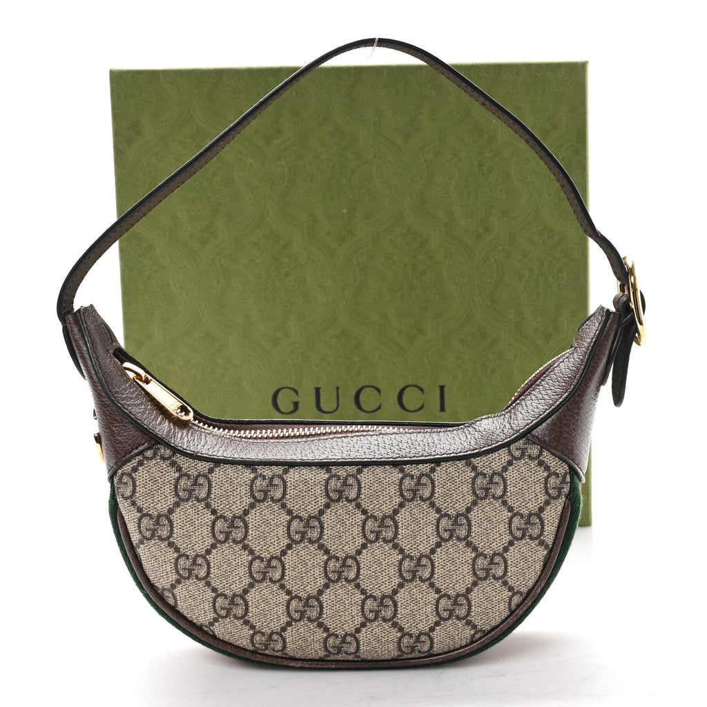 GG Supreme Monogram Textured Calfskin Web Mini Ophidia Half Moon Hobo Beige Ebony New Acero