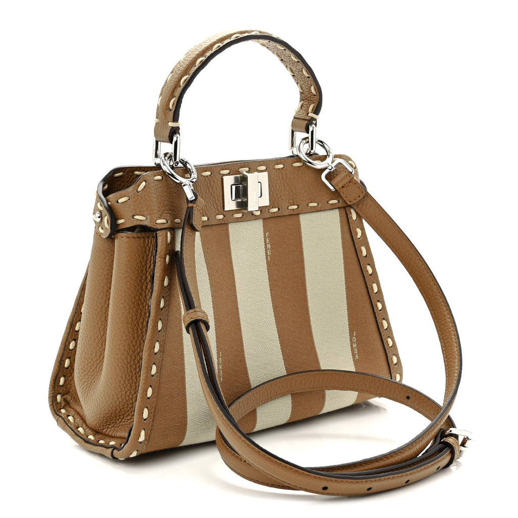 Cuoio Romano Canvas Pequin Striped Selleria Mini Peekaboo Iconic Satchel Beige Sand