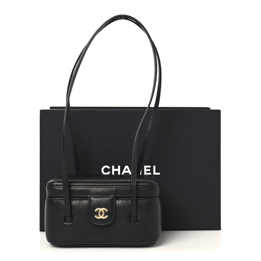 Shiny Caviar Preppy Coco Long Vanity With Strap Black