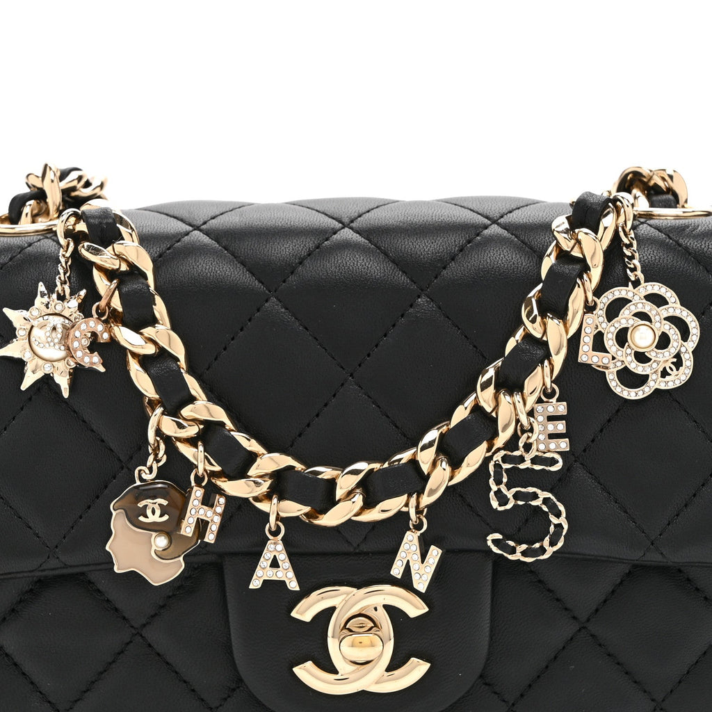 Lambskin Quilted Mini Coco Charms Rectangular Flap Black