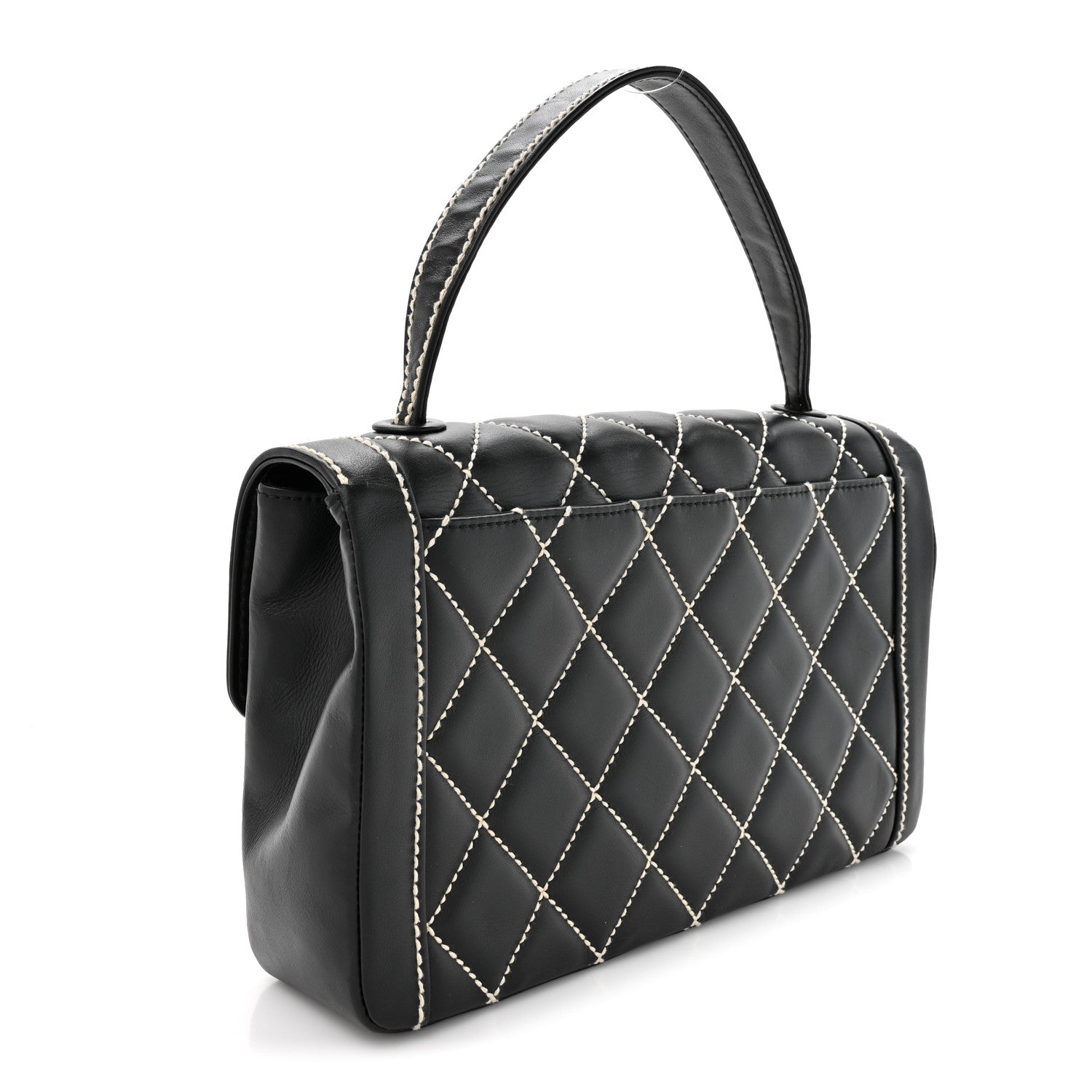 Calfskin Quilted Wild Stitch Large Top Handle Flap Black