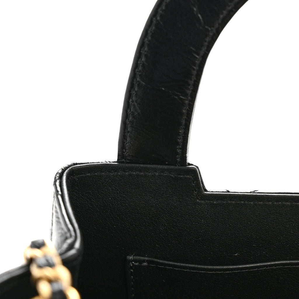 Shiny Aged Calfskin Quilted Nano Kelly Shopper Black