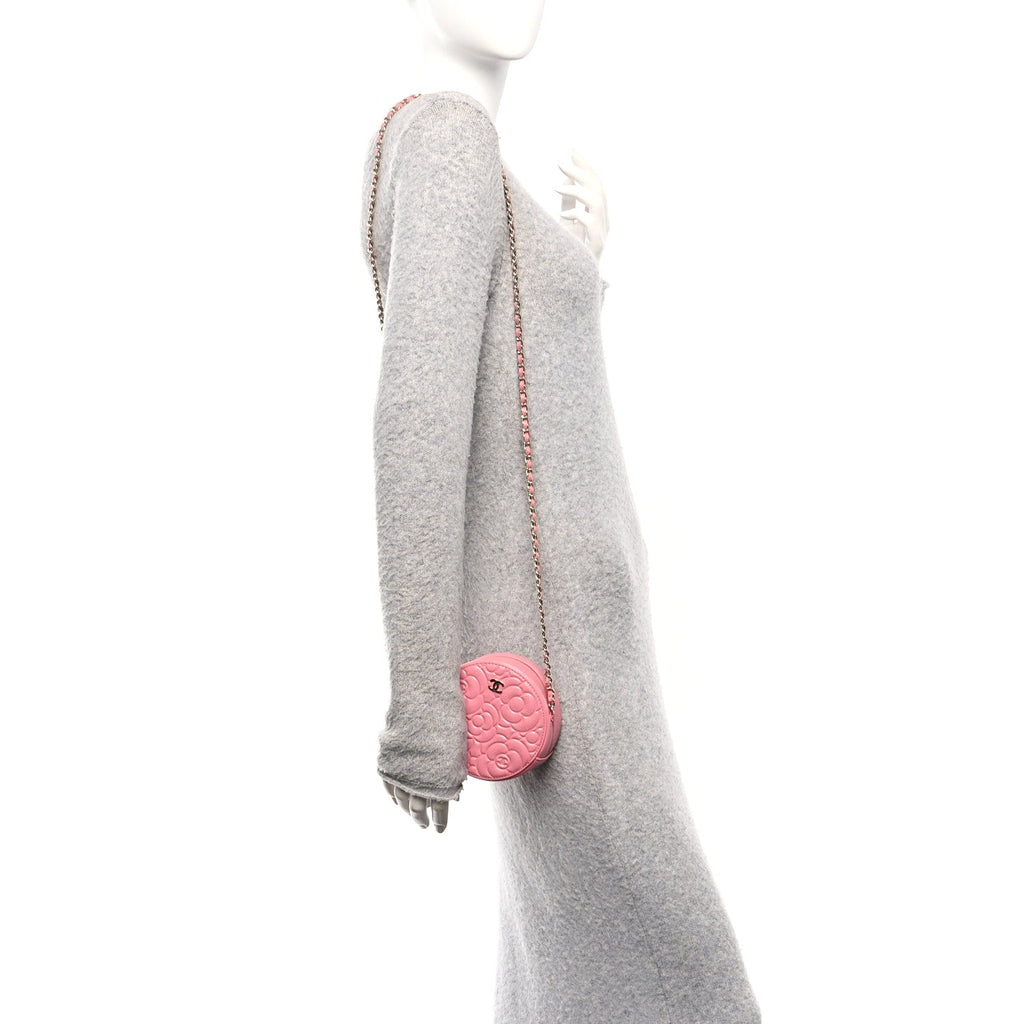 Caviar Camellia Embossed Round Clutch With Chain Pink