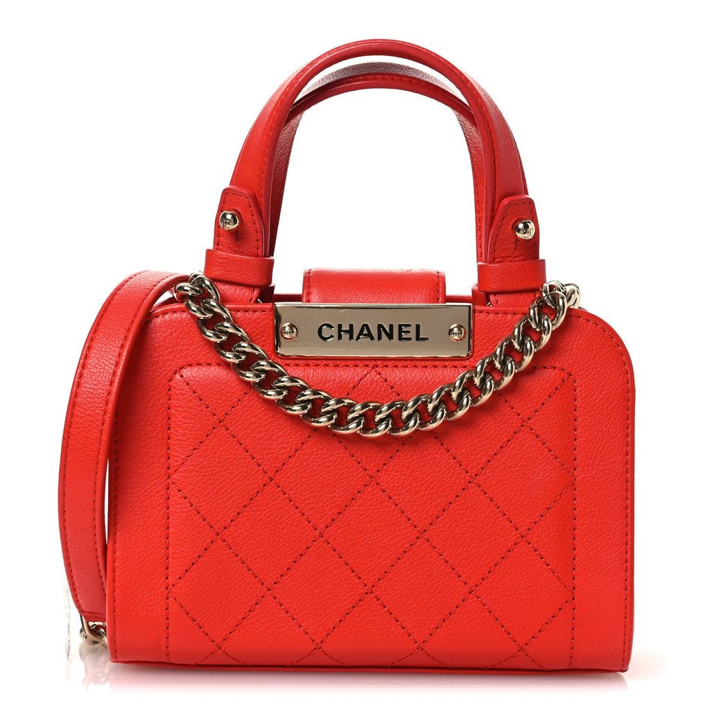 Grained Calfskin Stitched Mini Label Click Shopper Tote Red