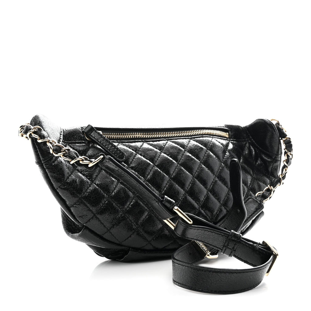 Crumpled Glazed Lambskin Quilted Waist Bag Fanny Pack Black