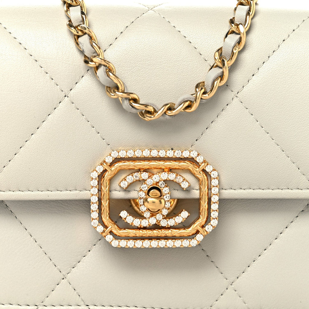 Calfskin Strass Quilted Clutch With Chain Flap Light Grey