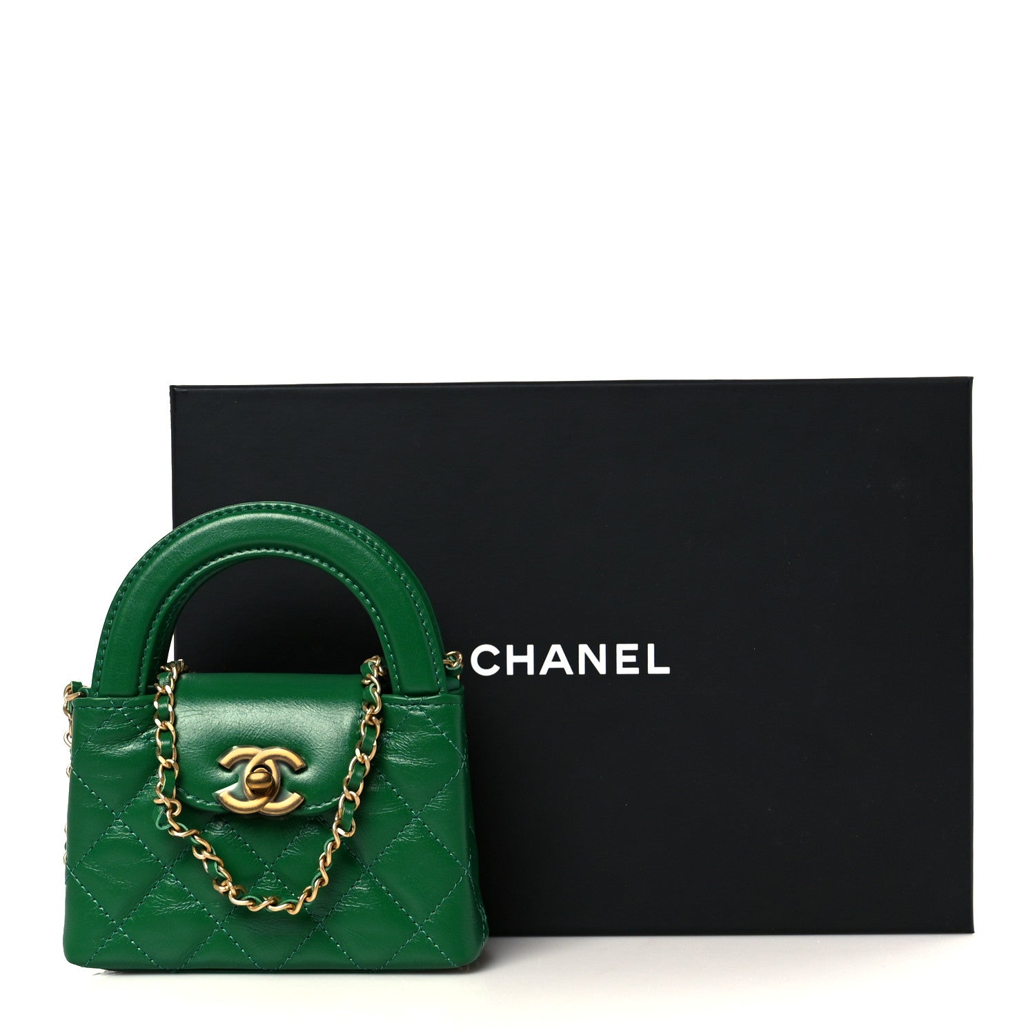 Shiny Aged Calfskin Quilted Mini Nano Kelly Shopper Green