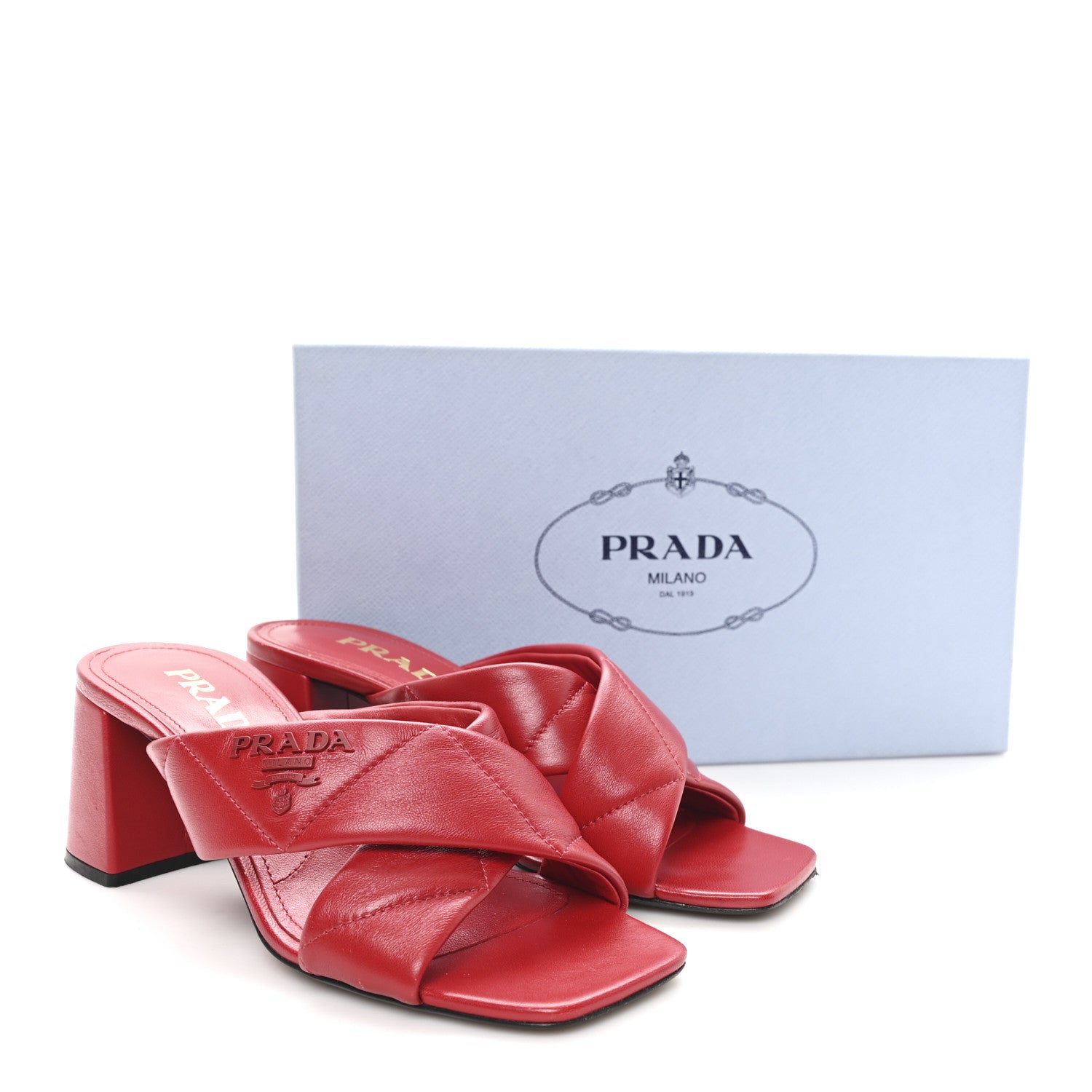 Nappa Logo Quilted Crisscross 65mm Block Heel Slide Sandals 36.5 Red