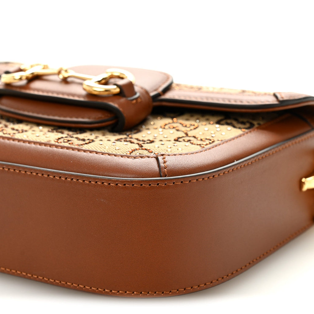 New Canvas Charisma Calfskin Crystal GG Monogram Mini Horsebit 1955 Shoulder Bag Camel Ebony