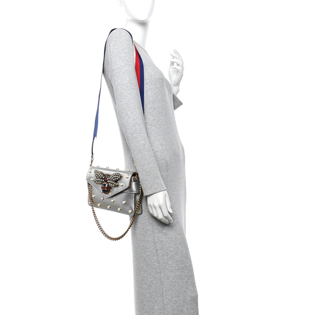 Metallic Nappa Pearl Studded Mini Queen Margaret Broadway Shoulder Bag Silver
