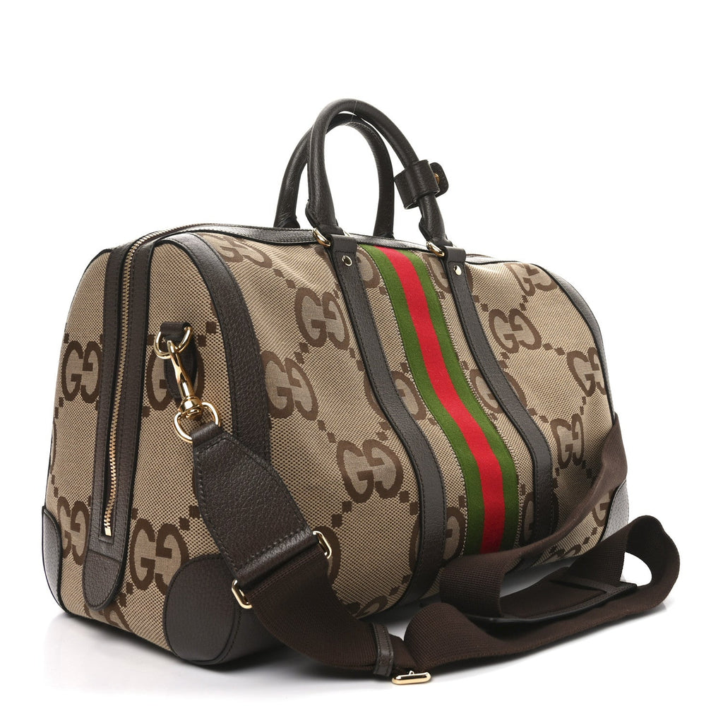 Monogram Jumbo GG Textured Dollar Calfskin Web Medium Duffle Bag Camel Ebony