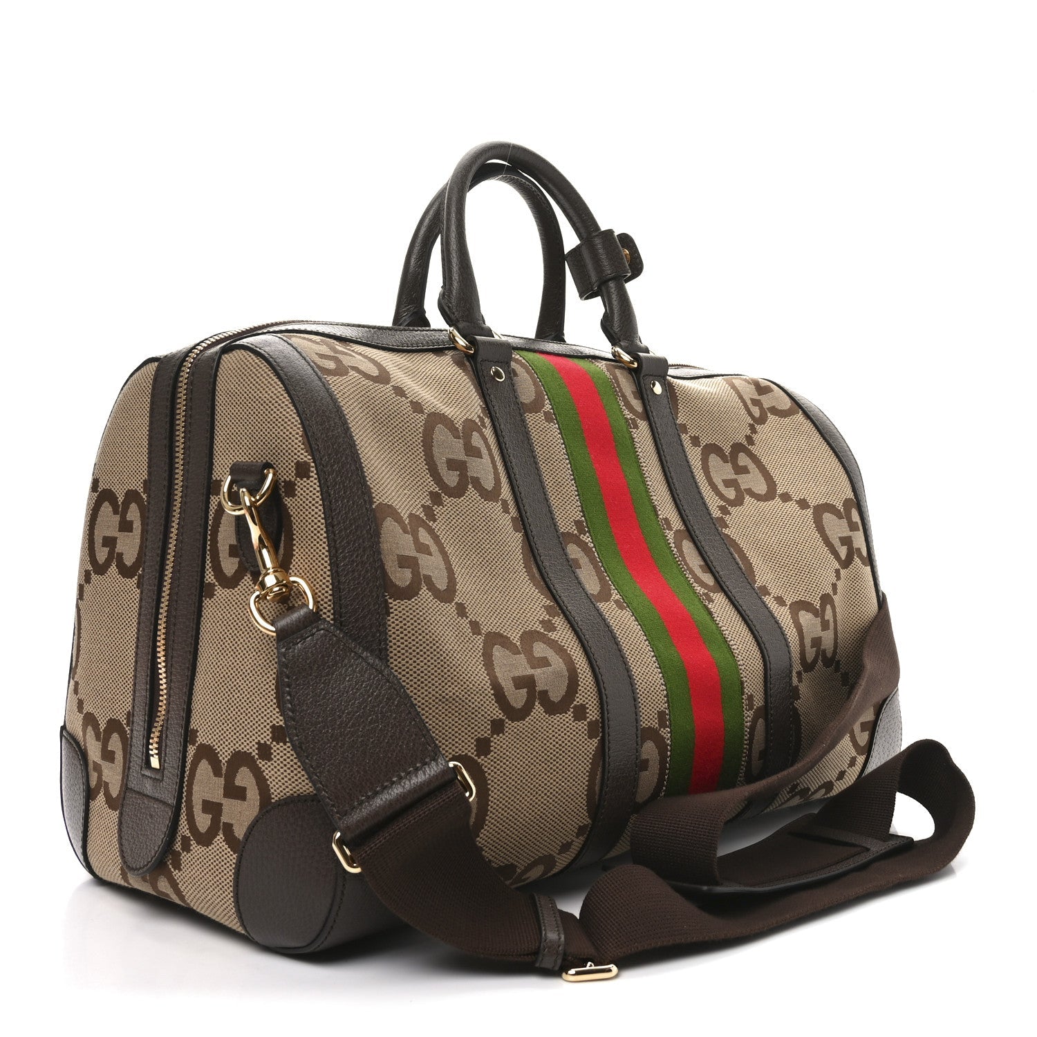 Monogram Jumbo GG Textured Dollar Calfskin Web Medium Duffle Bag Camel Ebony