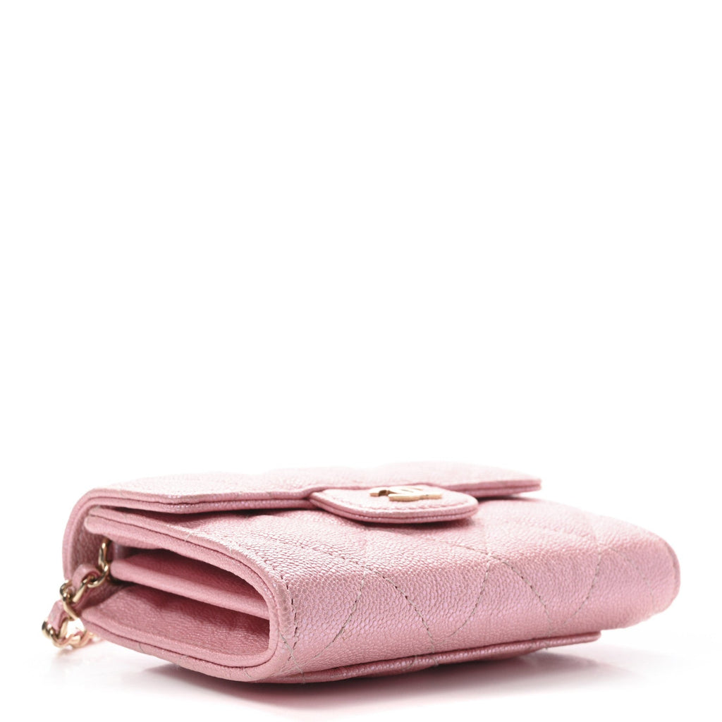 Iridescent Caviar Quilted Flap  Holder On Chain Pink