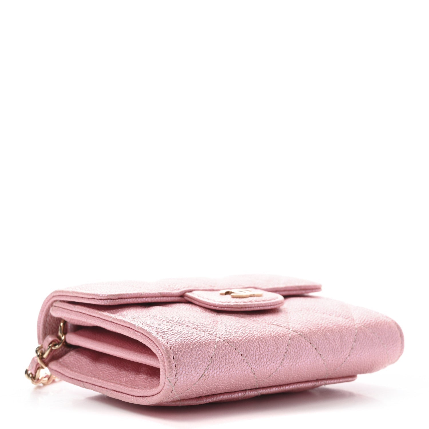 Iridescent Caviar Quilted Flap  Holder On Chain Pink
