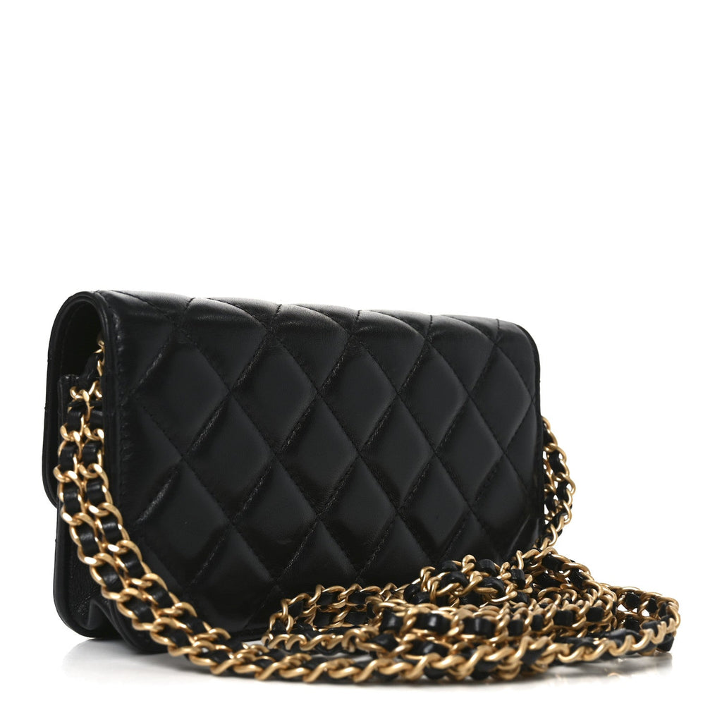 Lambskin Quilted Double Chain Flap Phone Holder With Chain Black