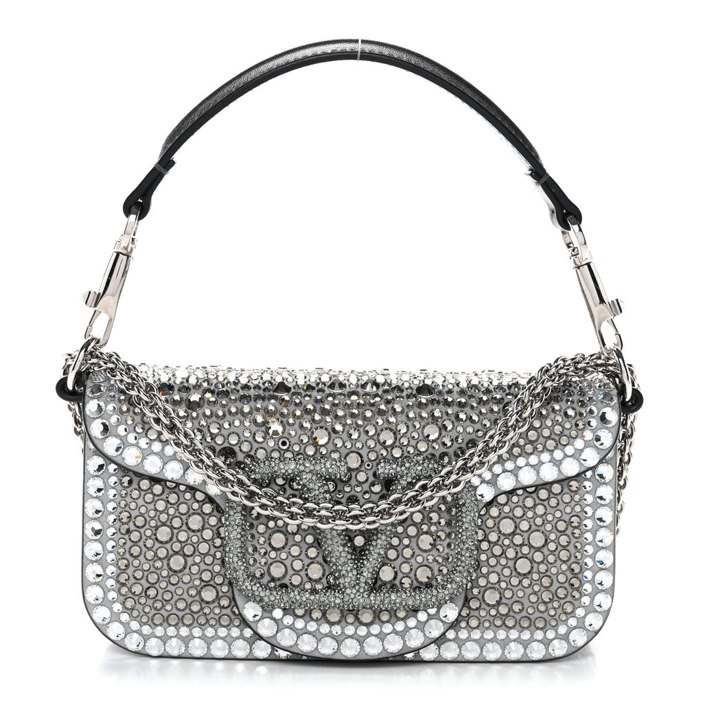 Crystal Suede Enamel Vlogo Small Loco Shoulder Bag Silver