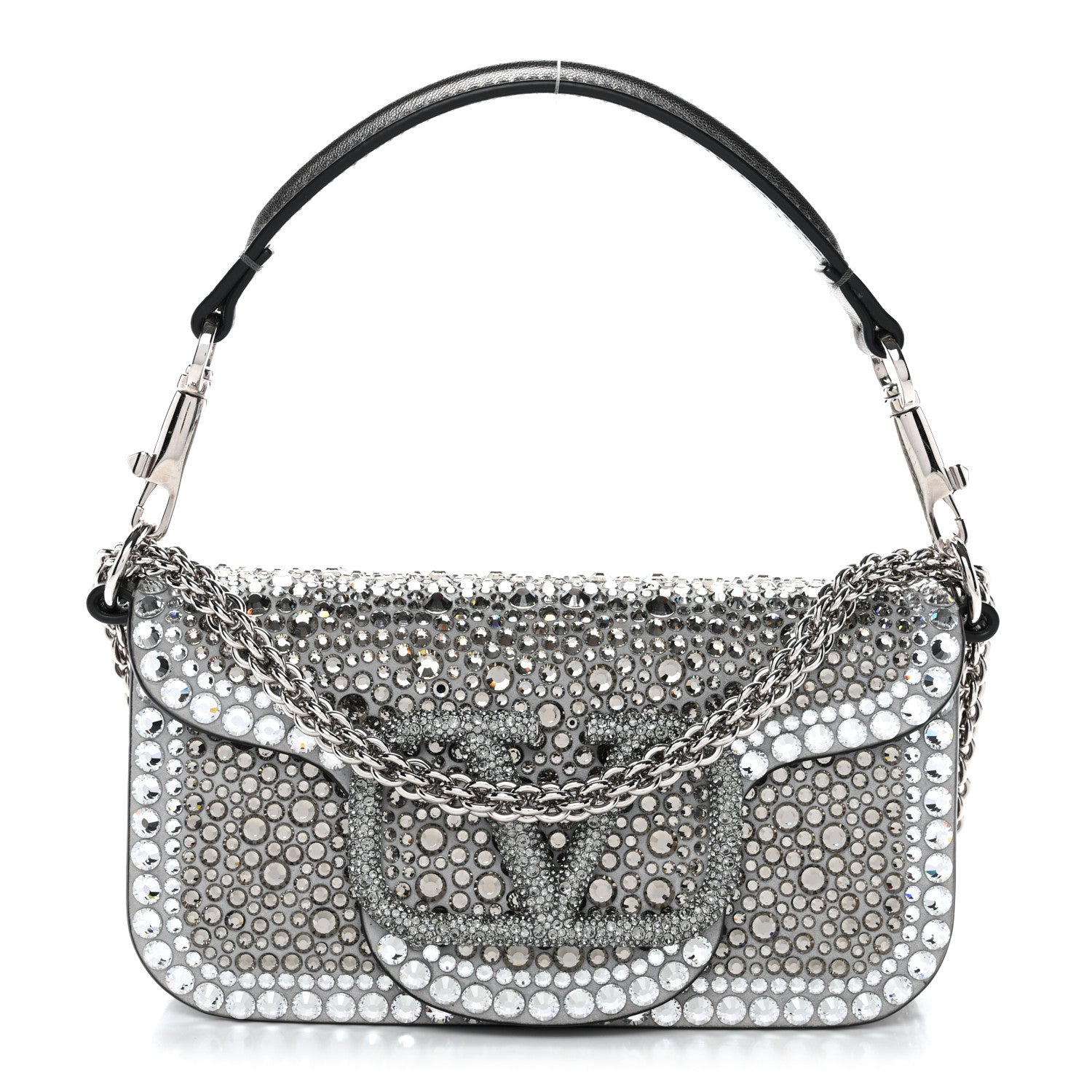Crystal Suede Enamel Vlogo Small Loco Shoulder Bag Silver