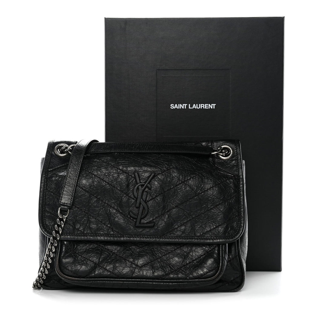 Crinkled Calfskin Matelasse Monogram Medium Niki Chain Satchel Black