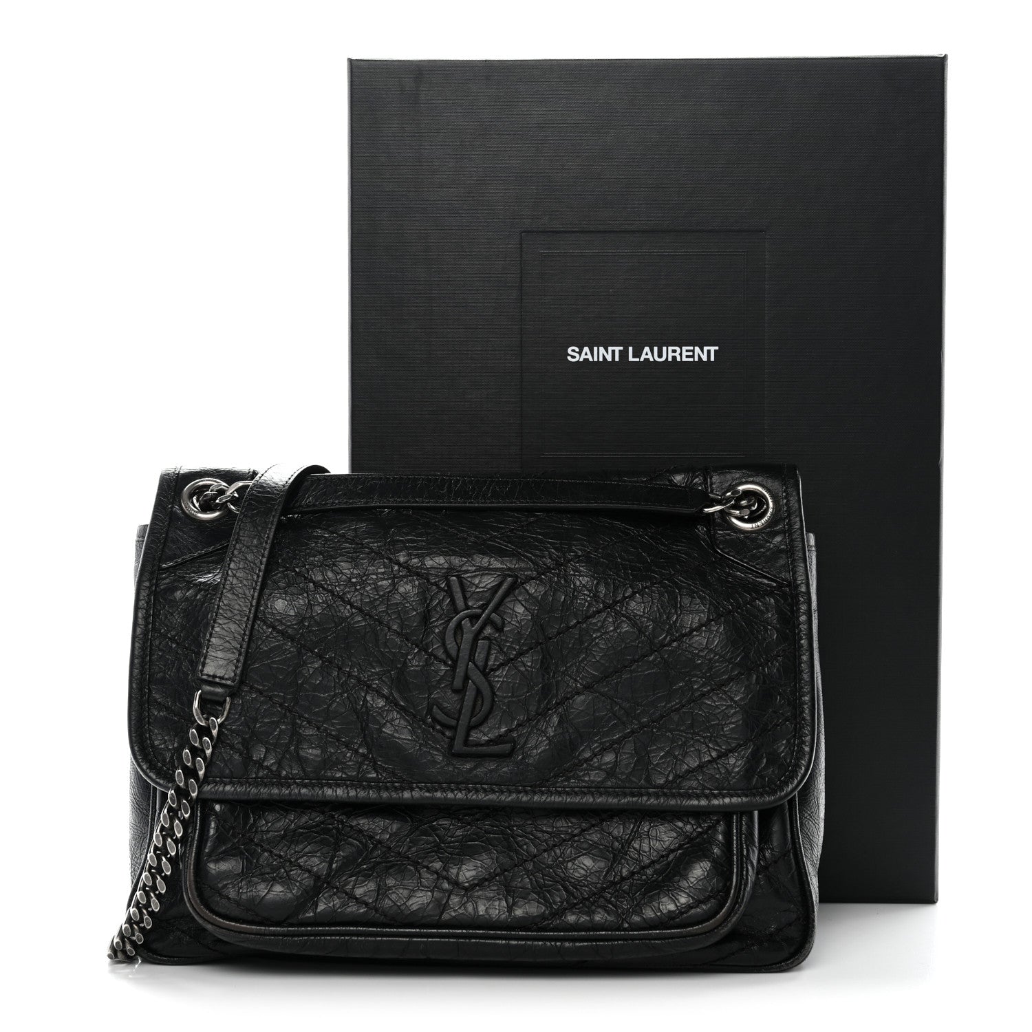 Crinkled Calfskin Matelasse Monogram Medium Niki Chain Satchel Black