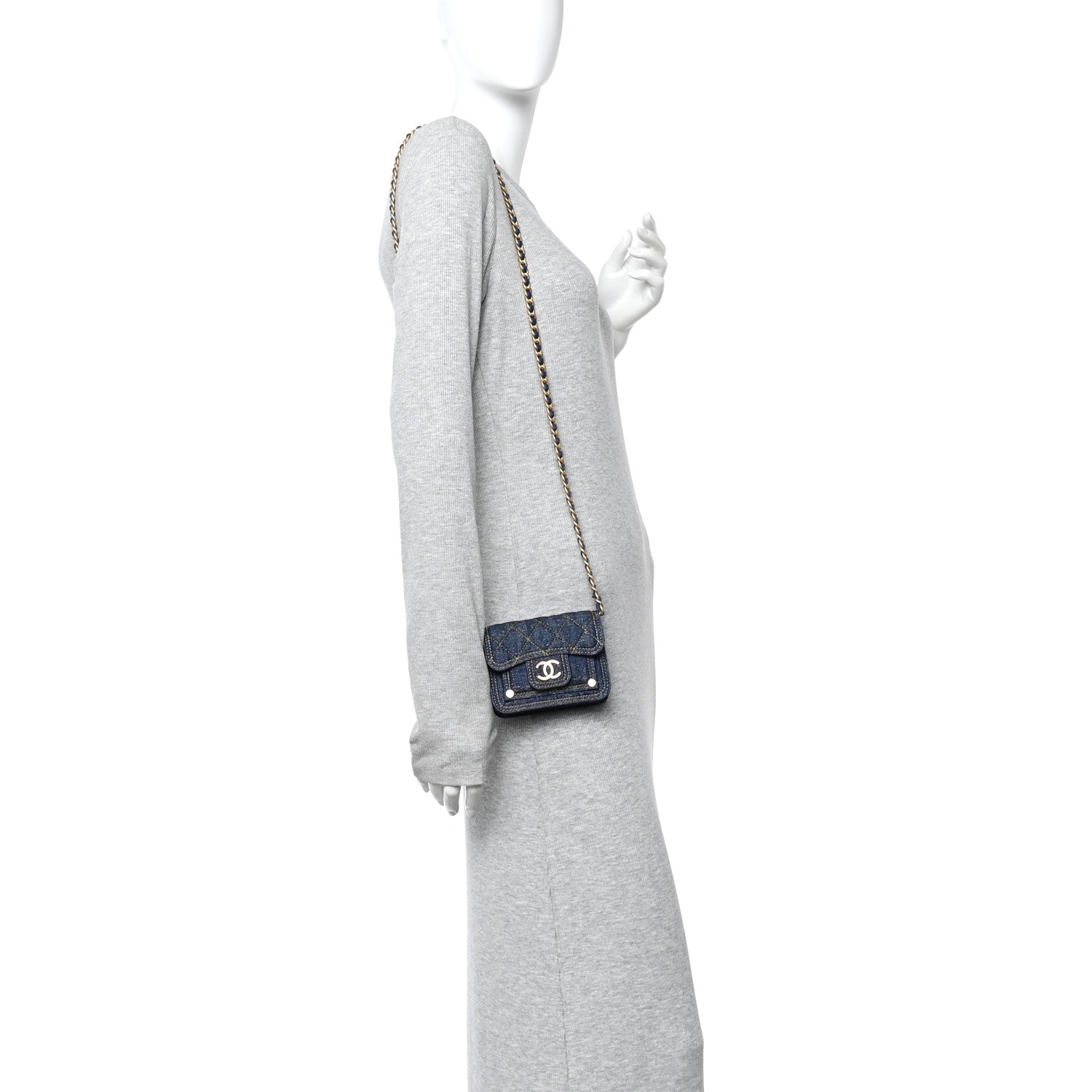 Denim Quilted Double You  Holder On Chain Blue