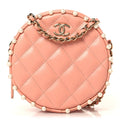 Calfskin Quilted Pearl Round Clutch With Chain Pink