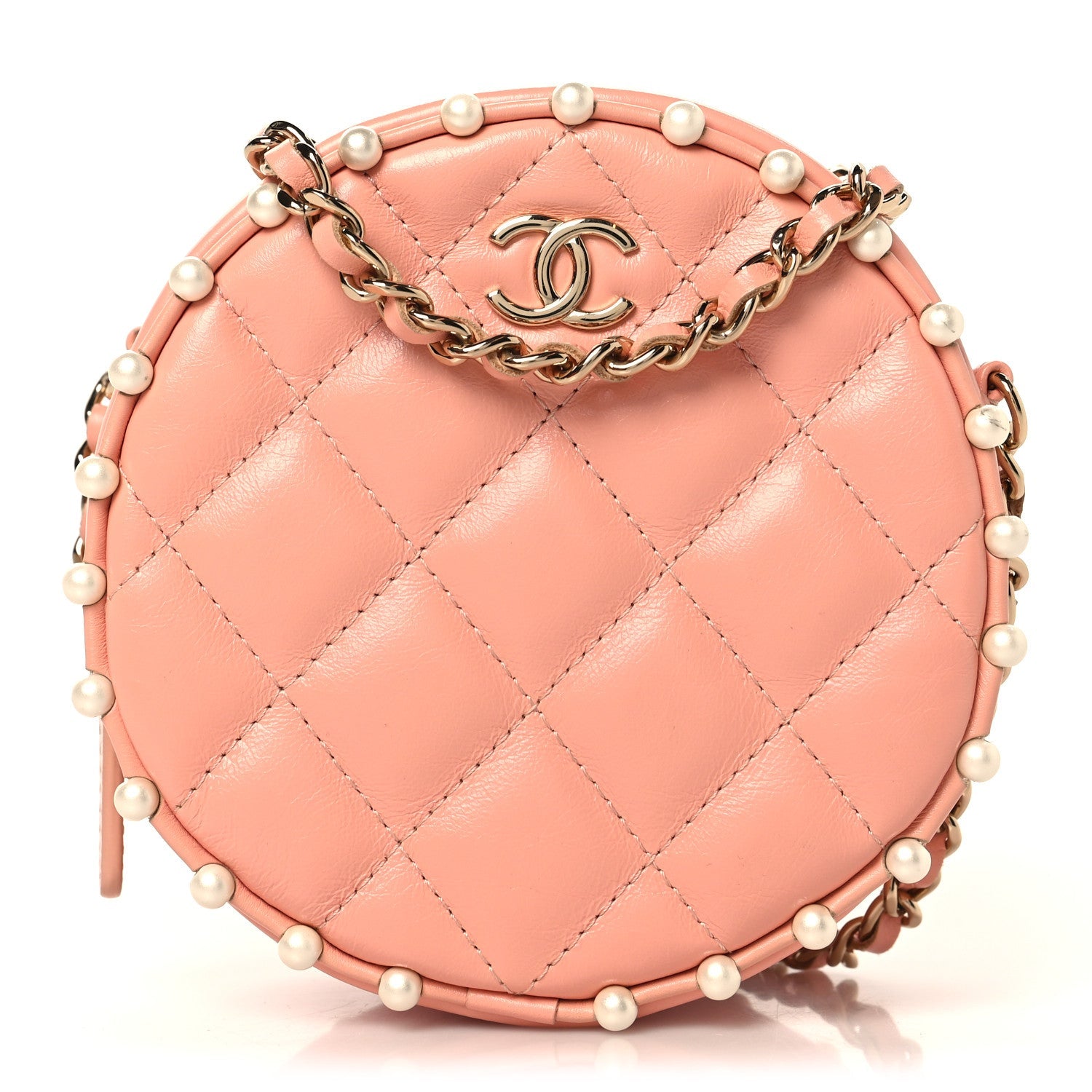 Calfskin Quilted Pearl Round Clutch With Chain Pink