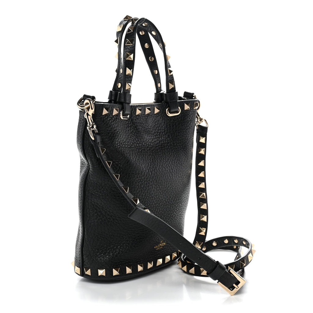 Pebbled Calfskin Rockstud Bucket Bag Black
