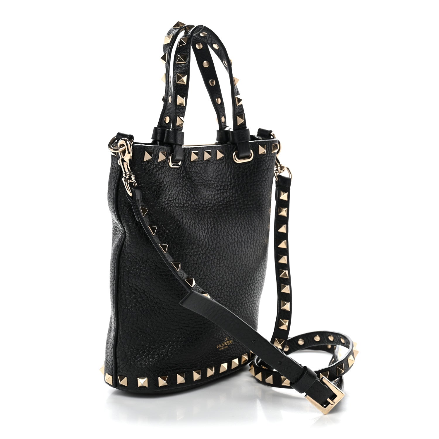 Pebbled Calfskin Rockstud Bucket Bag Black
