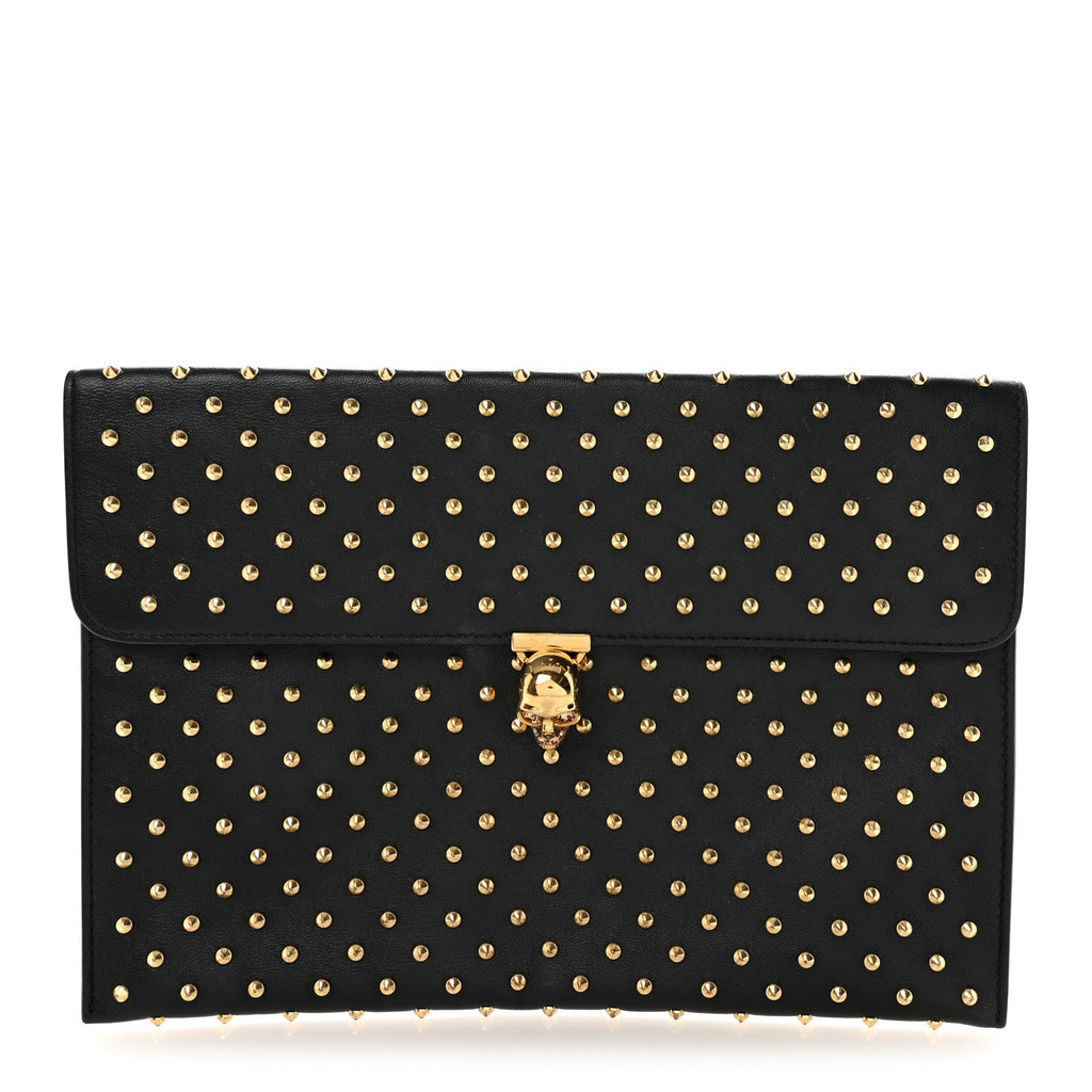 Calfskin Studded Skull Envelope Clutch Black