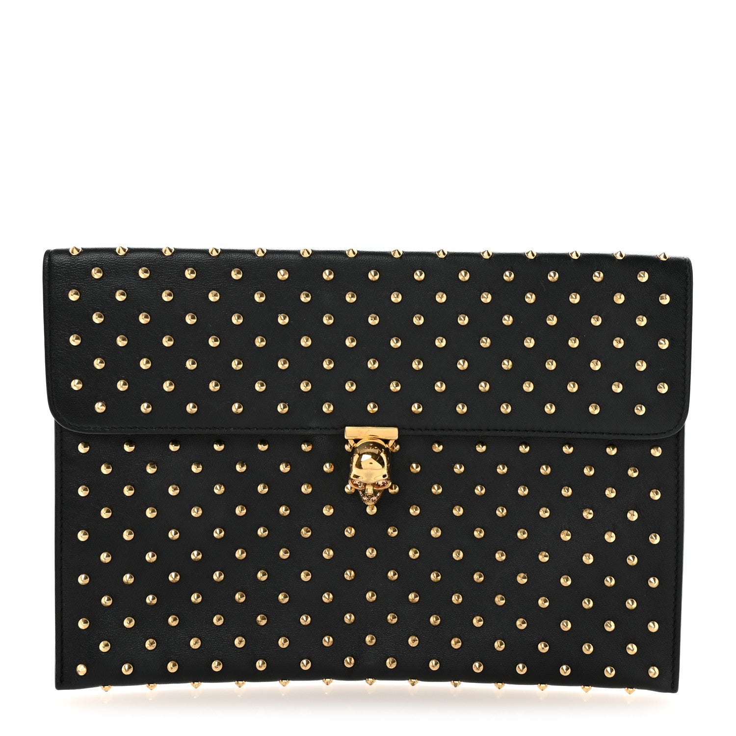 Calfskin Studded Skull Envelope Clutch Black