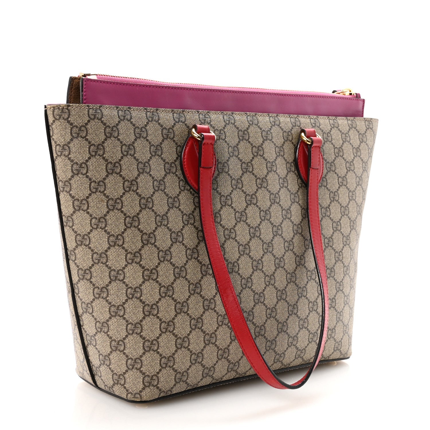 GG Supreme Monogram Medium Zippered Bucket Tote Beige Hibiscus Red New Rosette