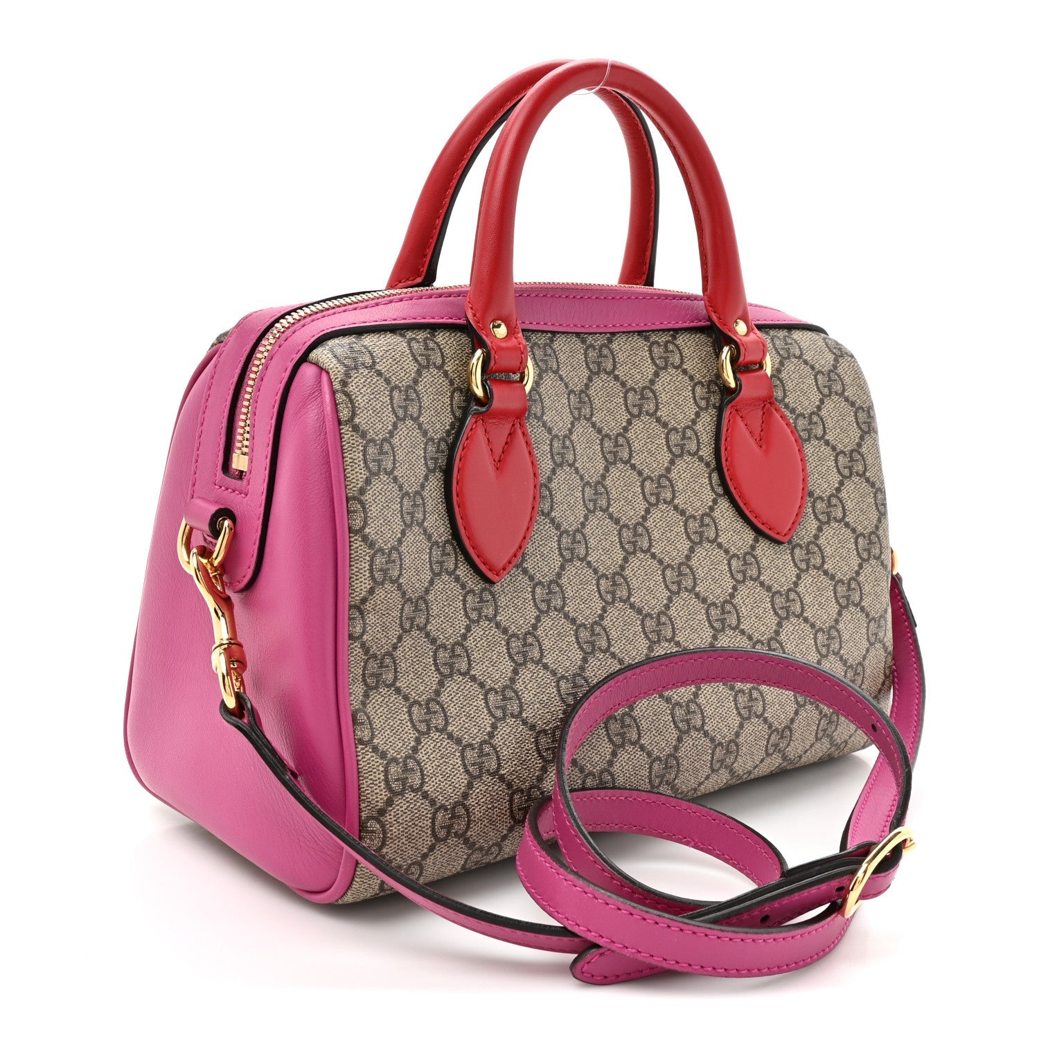 GG Supreme Monogram Moon Calfskin Small Boston Beige Ebony Hibiscus Red New Rosette