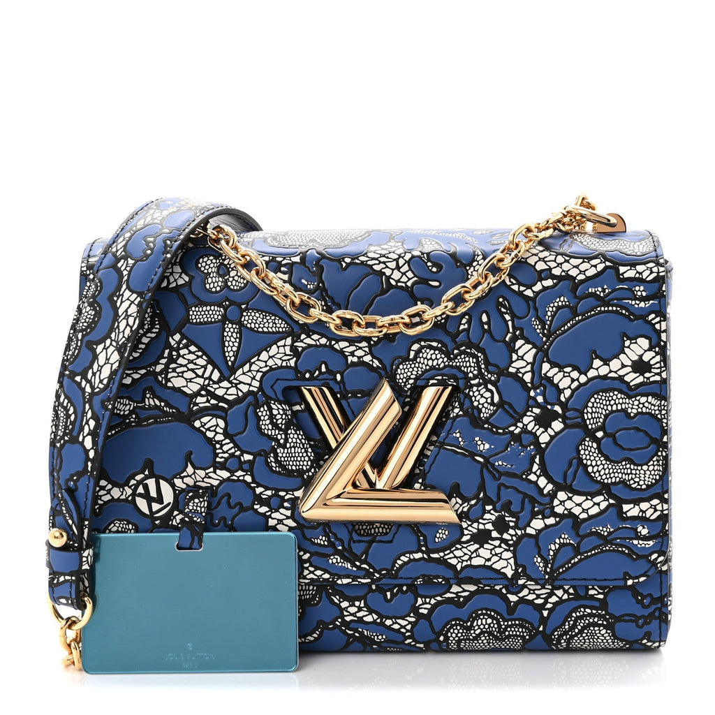 Calfskin Lace Flower Inlay Twist Shoulder Bag MM Navy Black