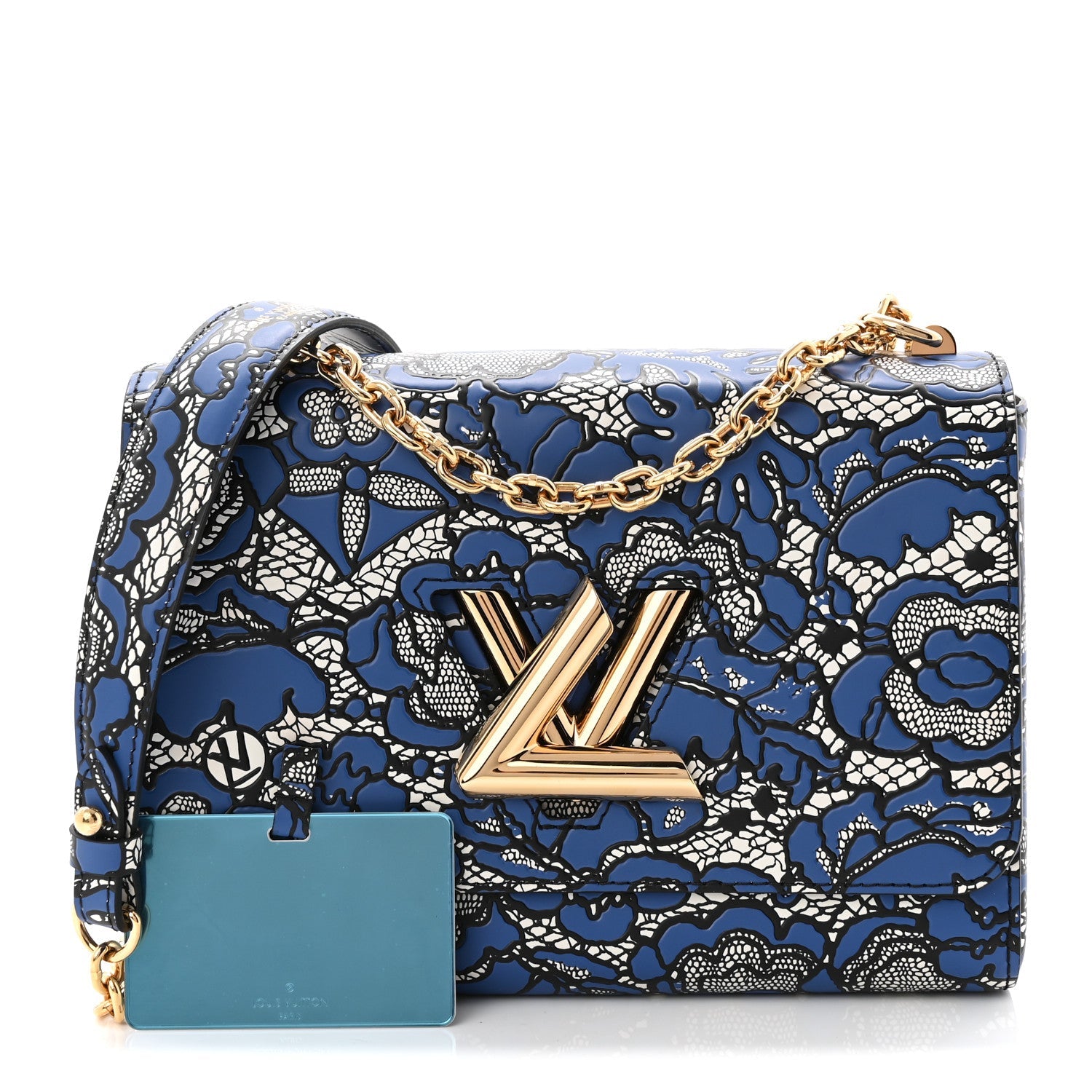 Calfskin Lace Flower Inlay Twist Shoulder Bag MM Navy Black