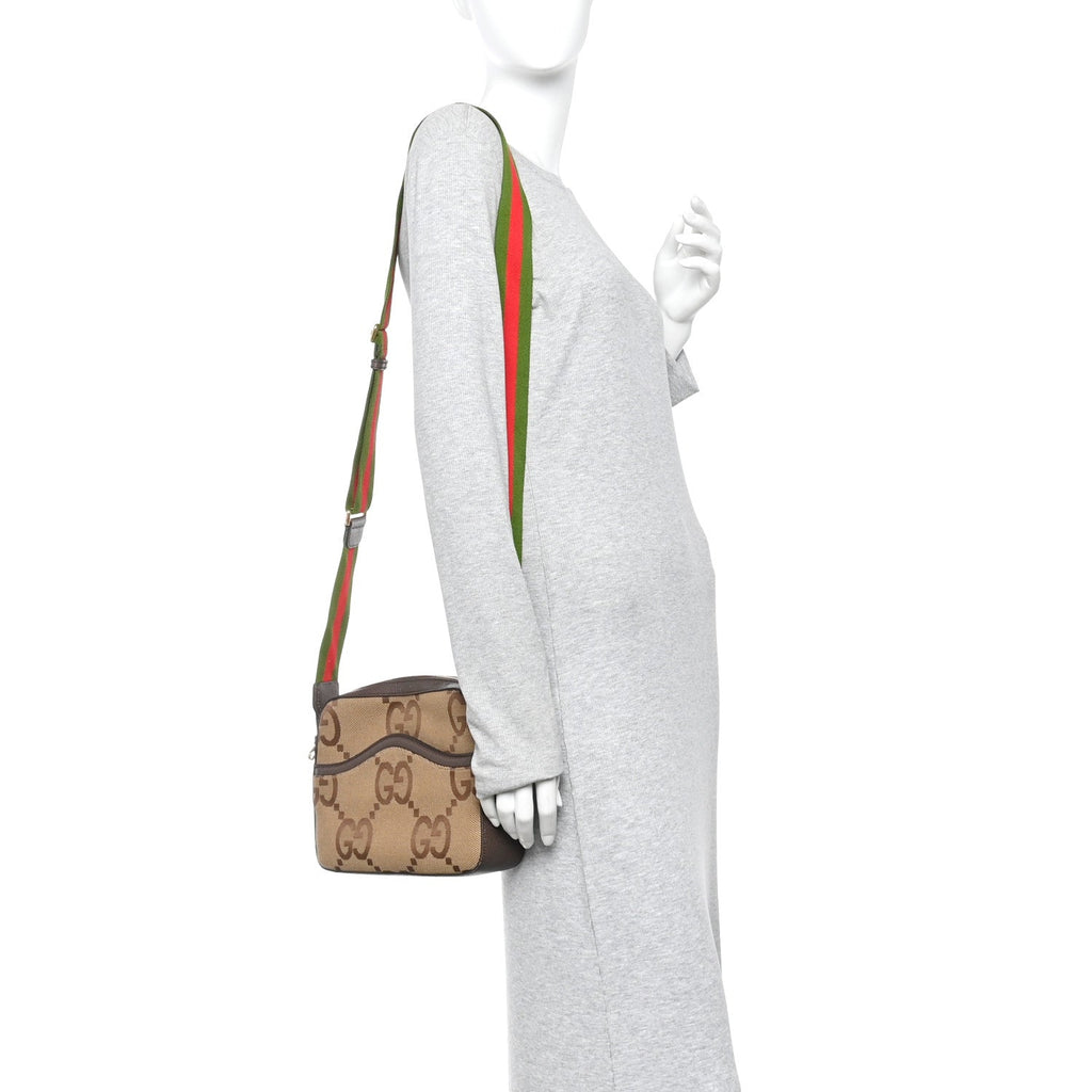 Monogram Jumbo GG Textured Dollar Calfskin Web Messenger Shoulder Bag Camel Ebony New Acero