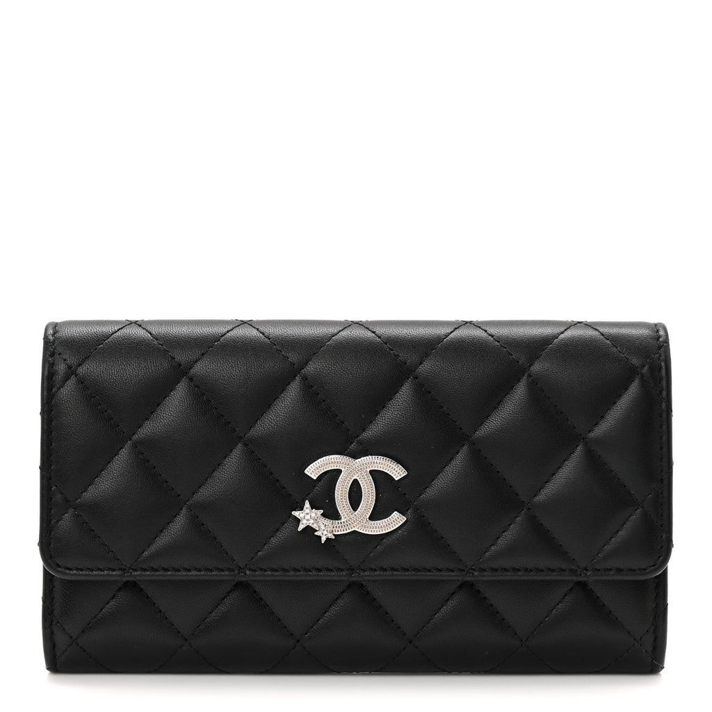 Calfskin Quilted Crystal CC Star Flap Wallet Black
