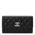 Calfskin Quilted Crystal CC Star Flap Wallet Black