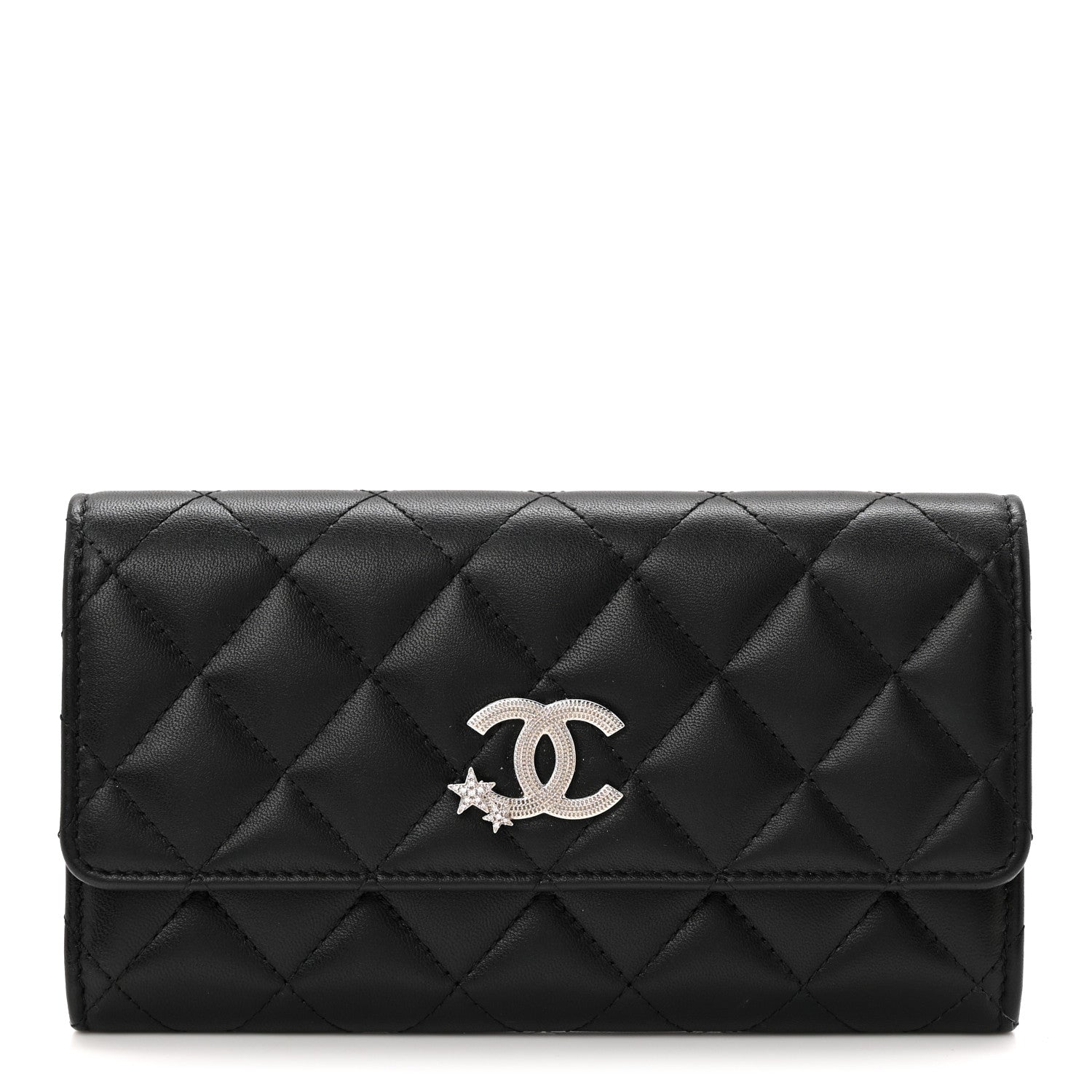 Calfskin Quilted Crystal CC Star Flap Wallet Black