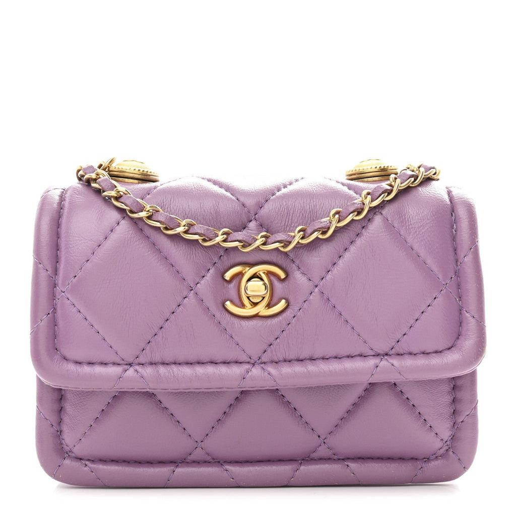 Shiny Lambskin Quilted Extra Mini Flap Purple