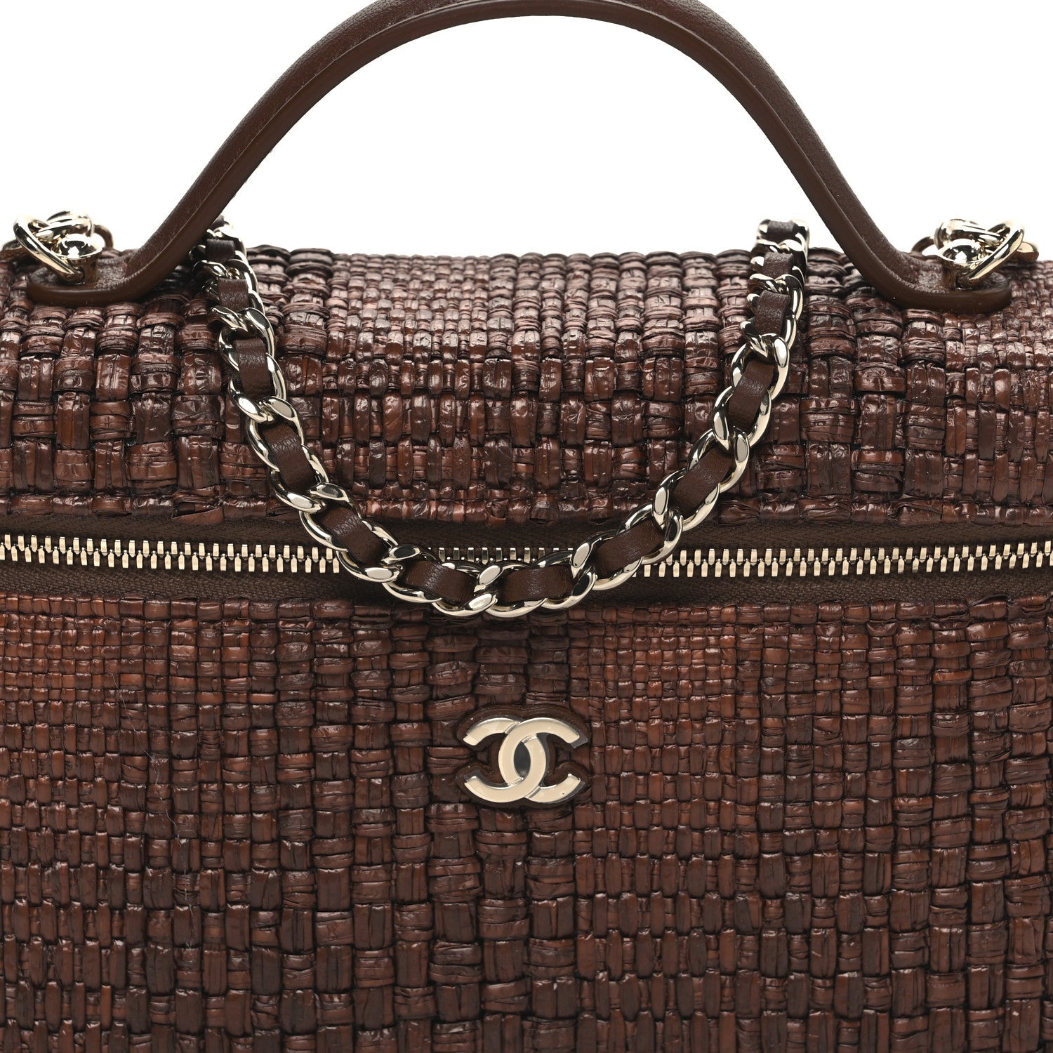 Braided Raffia Quilted Top Handle Slim Vanity With Chain Brown