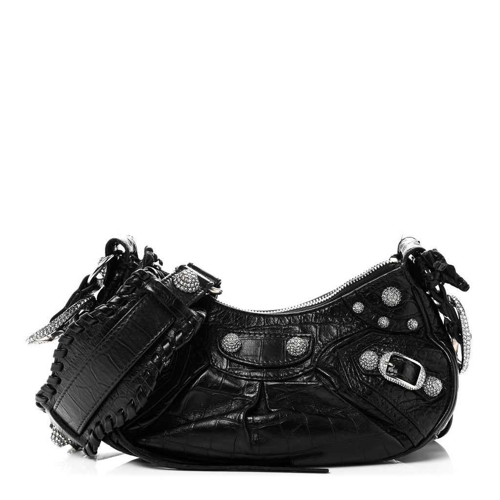 Extra Supple Calfskin Crystal Crocodile Embossed Le Cagole Shoulder Bag XS Black