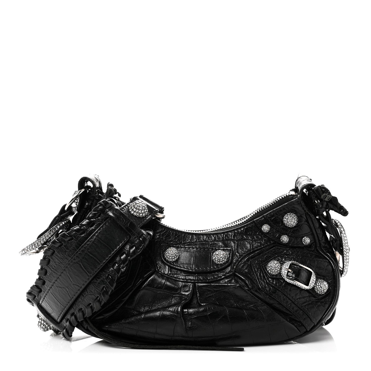 Extra Supple Calfskin Crystal Crocodile Embossed Le Cagole Shoulder Bag XS Black