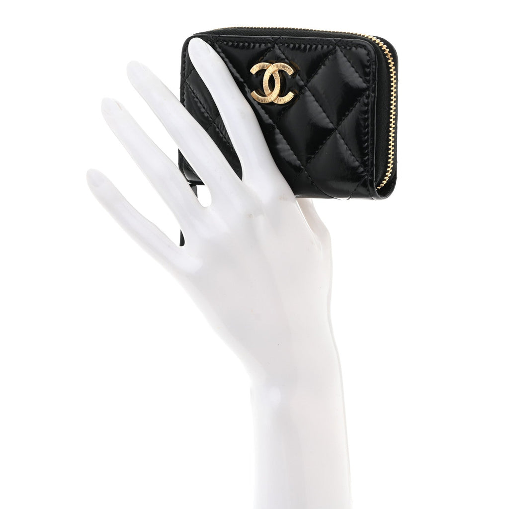 Shiny Lambskin Quilted Textured CC Zip Coin Purse Black